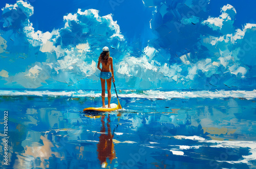 Paint art of woman stands on sup paddle board. AI generative