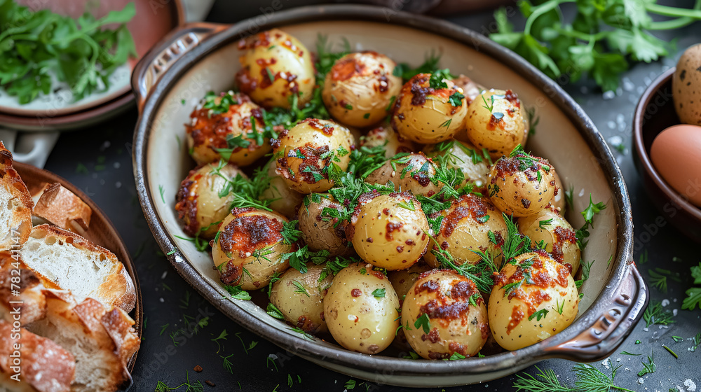 A white plate with a variety of potatoes and herbs on top. The plate is placed on a wooden table A white plate with a variety of potatoes and herbs on top. The plate is placed on a wooden table