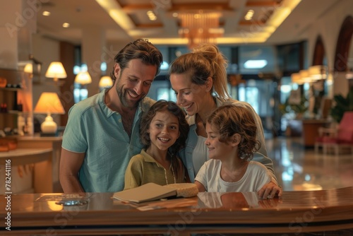 A joyful family of four with two children smiling and bonding in the warm ambiance of a hotel lobby. Happy Family Enjoying Time in Hotel Lobby