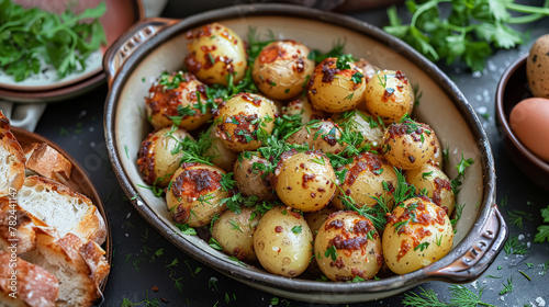 A white plate with a variety of potatoes and herbs on top. The plate is placed on a wooden table