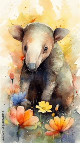Whimsical Watercolor Artwork of Adorable Baby Anteater in Blooming Meadow Generative AI © AlexandraRooss