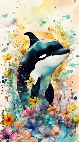 Charming Baby Orca in a Colorful Flower Field Watercolor Painting Generative AI