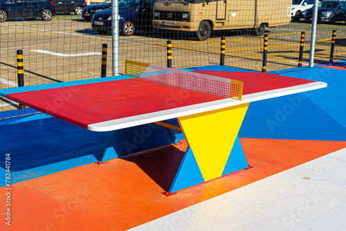 Ping pong table with geometric pattern in different colors. © Pedro Emanuel 