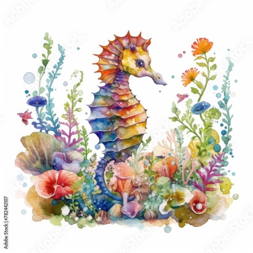 Whimsical Watercolor Artistry  A Charming Baby Seahorse Frolicking in a Vibrant Floral Meadow Generative AI