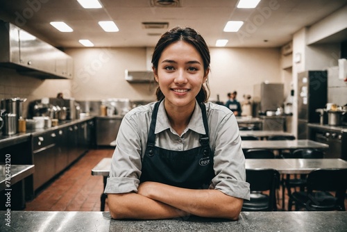 portrait of a canteen worker, smiling employee against the background of the workplace
