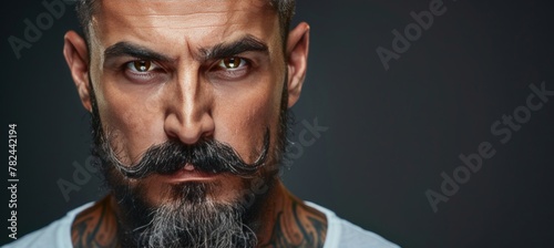 Modern groomed mustache and beard on man, showcasing contemporary grooming with text space