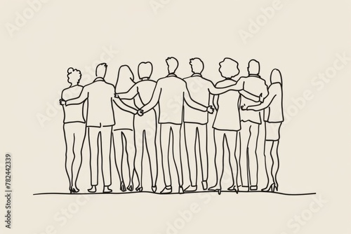 One line drawing of business people standing in a huddle with their arms around each other A simple, minimalistic flat style cartoon hand drawn doodle with thick lines Generative AI