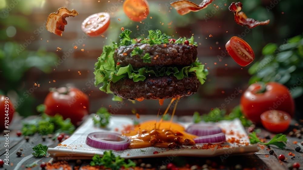   A hamburger in mid-air, tossed with a fork; lettuce, tomato, onion, and ketchup dance above