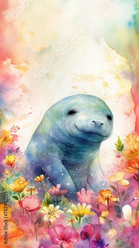 Delightful Watercolor Illustration of a Baby Manatee Frolicking in a Vibrant Flower Meadow Generative AI