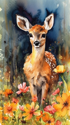 Whimsical Fawn in Floral Meadow - Watercolor Painting Generative AI