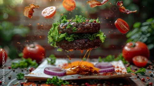   A hamburger in mid-air  tossed with a fork  lettuce  tomato  onion  and ketchup dance above
