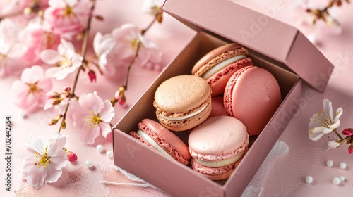 Festive macaroons in a gift box and flowers close-up.