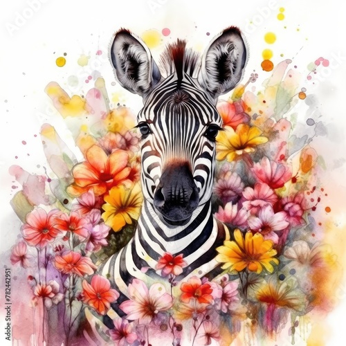 Vibrant Watercolor Artwork of Adorable Zebra Foal Amidst Blooming Meadow Generative AI
