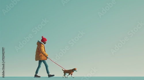 Person in winter clothes walking a dog. Blue sky background with copy space for text 