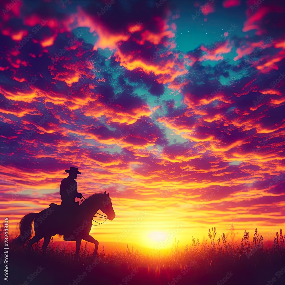 Fototapeta premium silhouette of a cowboy riding into the sunset, dreamy look, vibrant sky