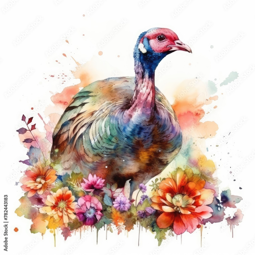 Vibrant Watercolor Artwork of Adorable Turkey Poult in Floral Field Generative AI