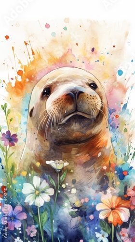 Whimsical Walrus in Vibrant Floral Meadow Generative AI