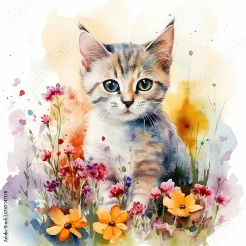 Obraz Whimsical Kitten in Vibrant Floral Meadow Generative AI