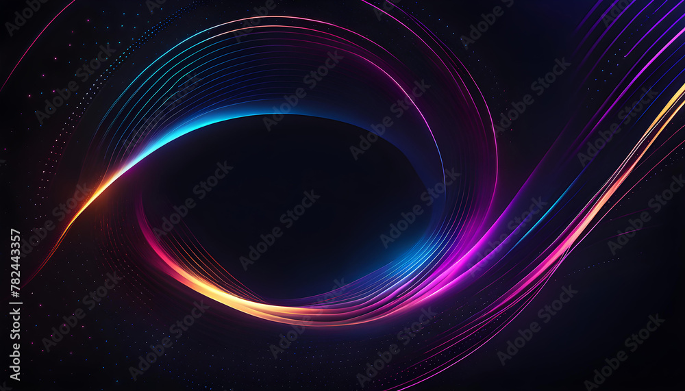 Dark abstract background with smooth particles. Glowing dotted lines circle design element. Modern dot pattern. Futuristic technology concept. Vector illustration,