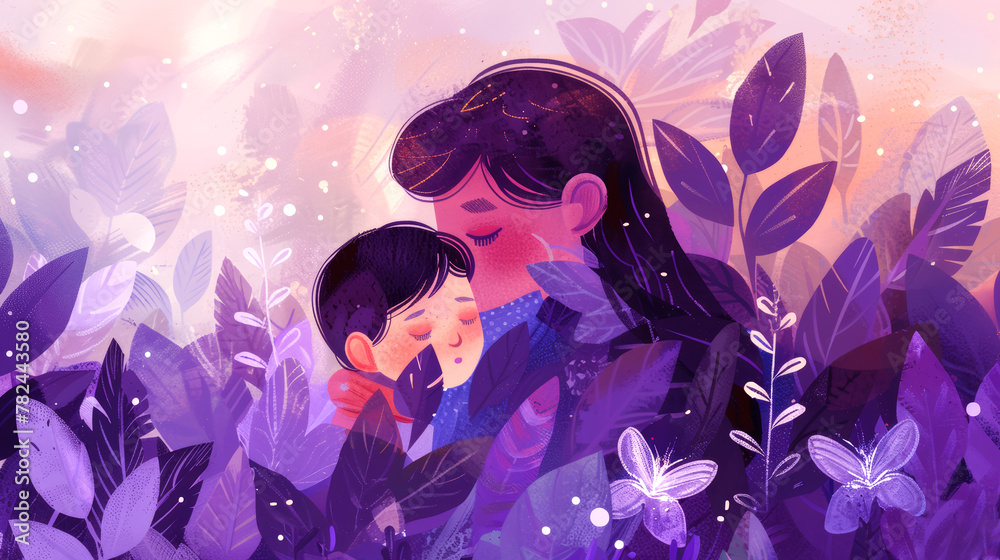 Fototapeta premium Mother's day illustration, Mother with her little child concept, Mothers love