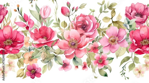 Vibrant Floral Watercolor Border with Pink Blooms and Greenery Generative AI
