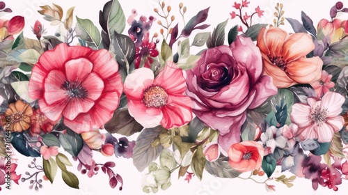 Vibrant Floral Watercolor Border with Pink Flowers and Green Leaves Generative AI