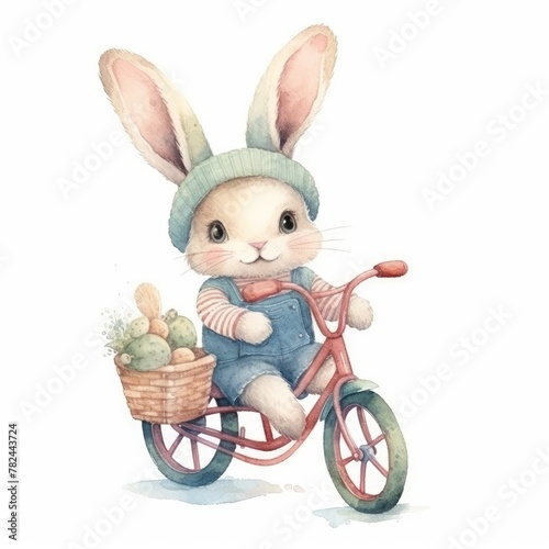 Adorable Knitted Kawaii Baby Rabbit on a Bicycle Watercolor Illustration Generative AI