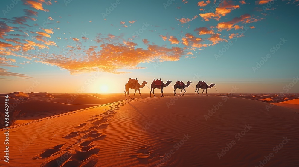  Three camels traverse the desert at sunset The sun sinks behind them, casting long shadows Clouds dot the sky