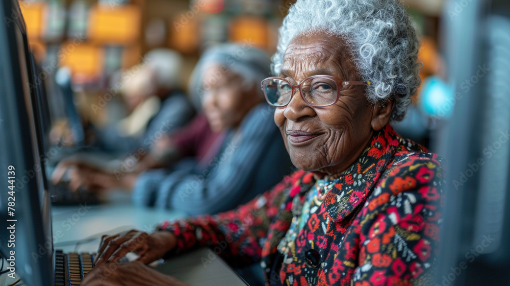 set of elderly people sitting in front of a computer set of elderly people sitting in front of a computer