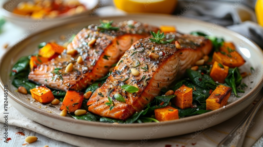  Salmon and sweet potato hash browns atop a bed of greens