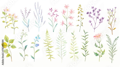 Herbal Harmony, Herbal & floral mix, greens & soft colors, cartoon drawing, water color style. © Watercolorbackground