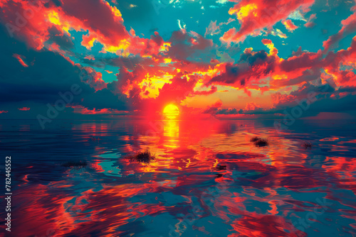 Paint art of sunset, sea. AI generative © LN