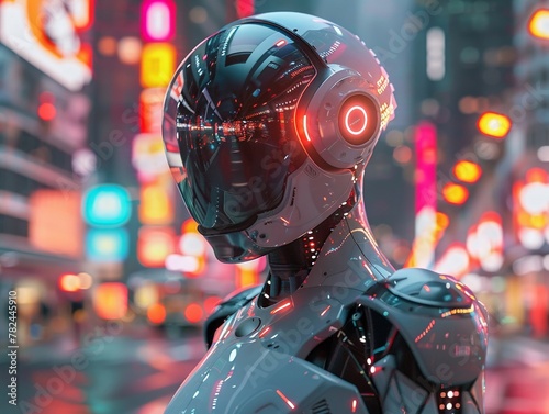 Futuristic robot standing in a city at night. The robot is humanoid in appearance, metal body. Blur scene city is lit up with neon signs and skyscrapers.