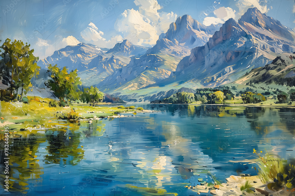 Obraz premium Digital art - Painting of a lake, trees and mountains