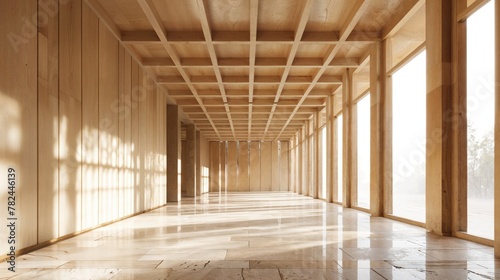 Beautiful Bright Modern Hall with Wooden Materials. Empty Interior. photo