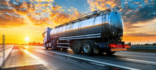 Spectacular sunset view of a scenic countryside road with a large fuel tanker truck in motion