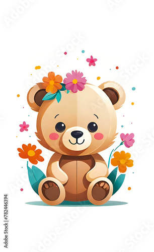 Vector illustration  children s teddy bear toy with flowers  background for children s room 