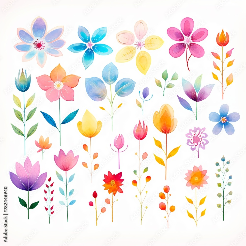 Inflorescence Array, Inflorescence, diversity in unity, colorful array, cartoon drawing, water color style.