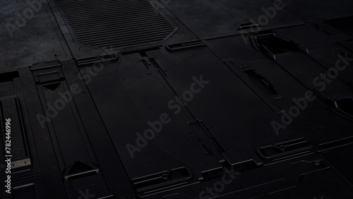 Black, Tech Wallpaper with Sci-Fi 3D Panels. Dark, Futuristic style. 3D Render. photo