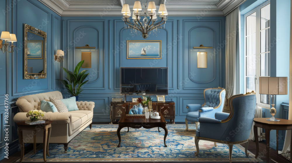 Living room interior in classic Mediterranean style with a beige sofa and two blue armchairs and blue walls, a TV unit and interior decor