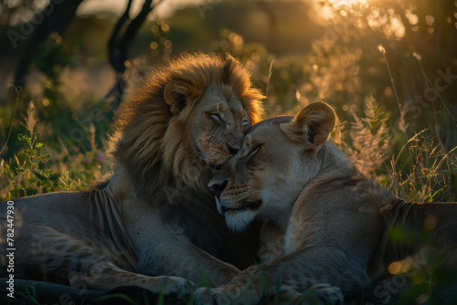 African lions pair in a wilderness cinematographic shot close-up