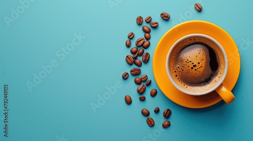 A cup of coffee rests on coffee beans on blue background. Top view  copy space