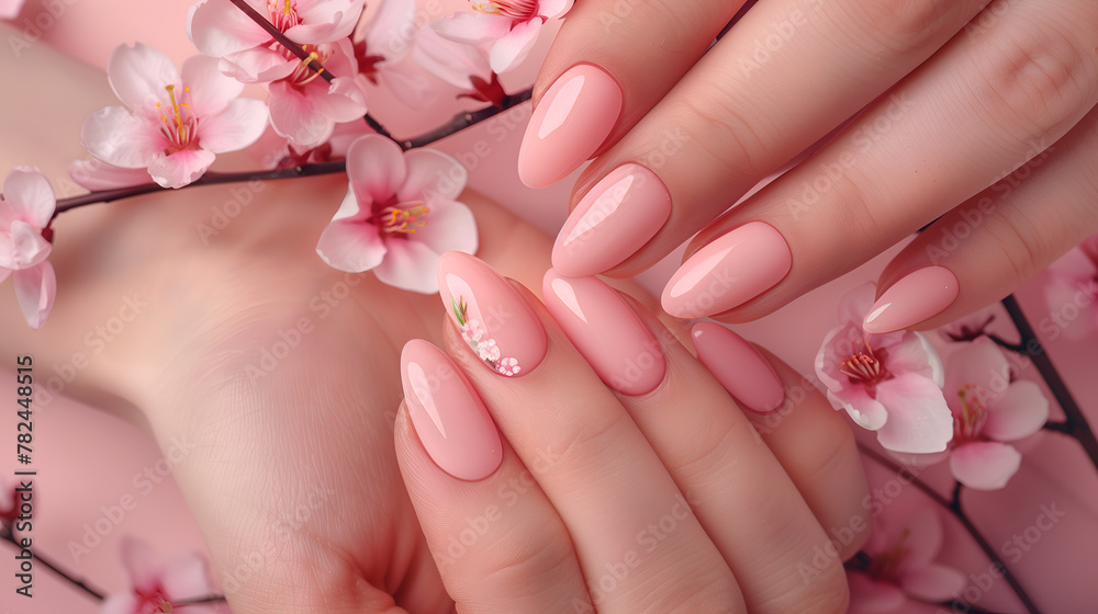 Beautiful womans hands with pastel peach color nail Beautiful womans hands with pastel peach color nail