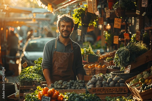 Man smiles at plant stand in city market filled with natural foods for sale