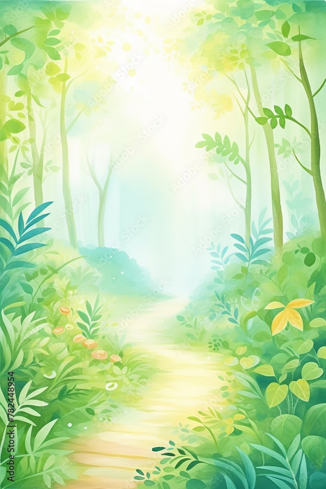 Jungle Pathway, Mysterious jungle pathway, lush foliage & light beams, cartoon drawing, water color style.