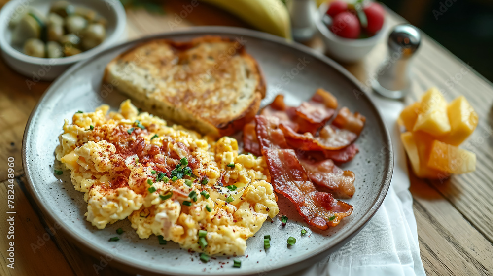 There is a plate of bacon and scrambled eggs on a wooden table. There is also a bowl of strawberries on the table. There is a plate of bacon and scrambled eggs on a wooden table. There is also a bowl of strawberries on the table.