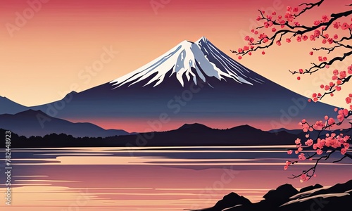 Painting of japanese Mount Fuji at sunset. For meditation apps  on covers of books about spiritual growth  in designs for yoga studios  spa salons  illustration for articles on inner peace  banner.