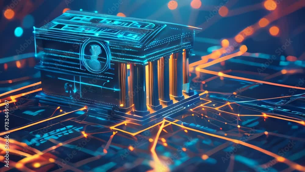 Slow Motion Video of A digital representation of a classical bank building glows within a complex blockchain network