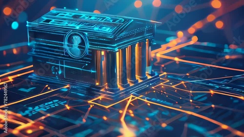 Slow Motion Video of A digital representation of a classical bank building glows within a complex blockchain network photo