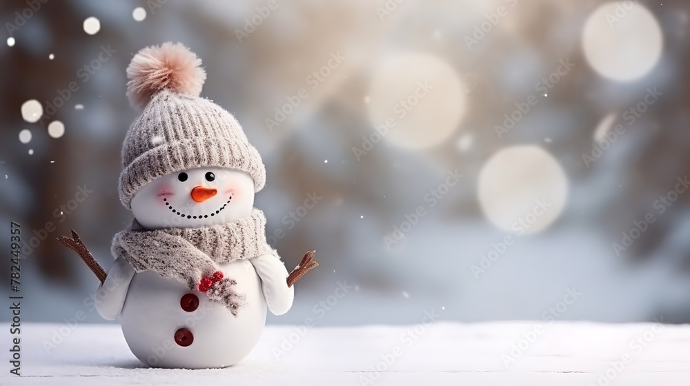 Fototapeta premium Cute snowman in a hat and knitted scarf. Winter background with copy space